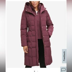 Cole Haan 40" Taffeta Down Hooded Coat in Merlot